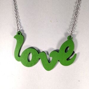 Women's Stunning Polished Silver tone Green " LOVE " Design Long Necklace - 34"